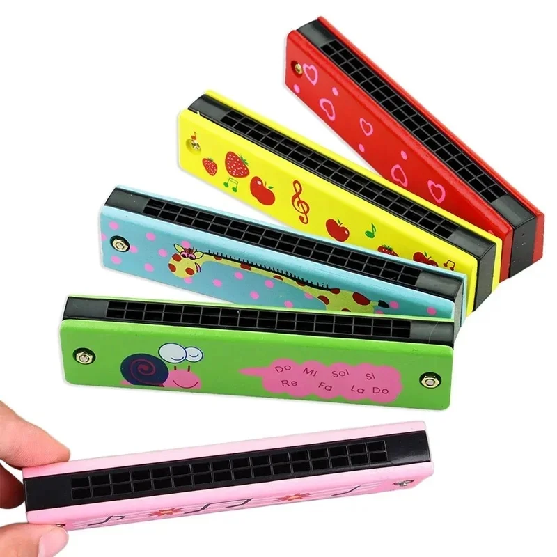 1-3pc Wooden Harmonica Musical Instrument 16holes Cartoon Cute Pattern for Beginners Music Teaching Aids School Rewards TMZ