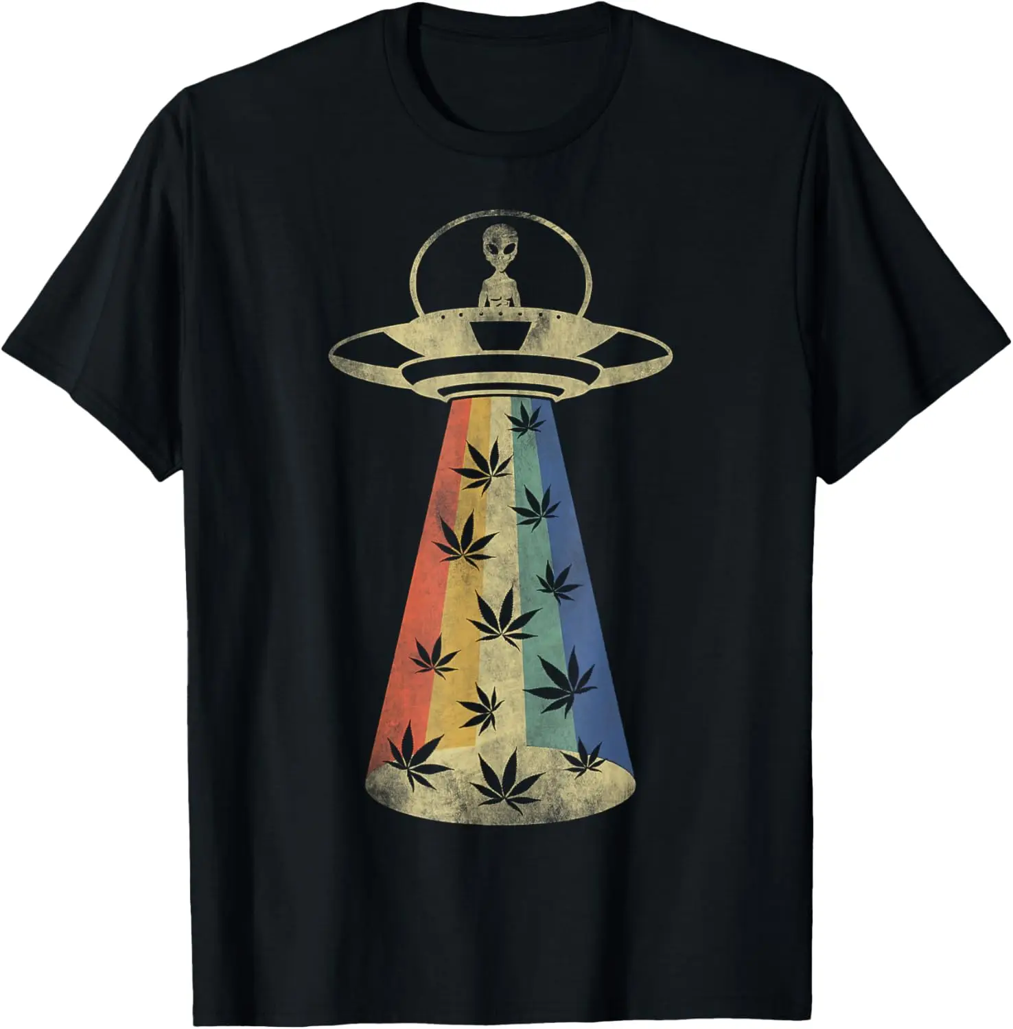 

Alien UFO Cannabis Leaf Rainbow Distressed Graphic T-Shirt Funny Weed Smoker Tee