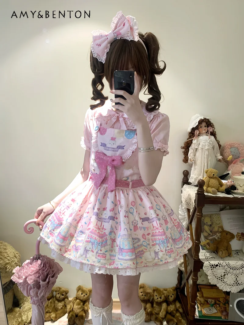 

Lolita Sweet Cute Square Neck High Waist Printed Lace Bow Pink Blue Black Lamb Short Strap Dress Bow Headband Set