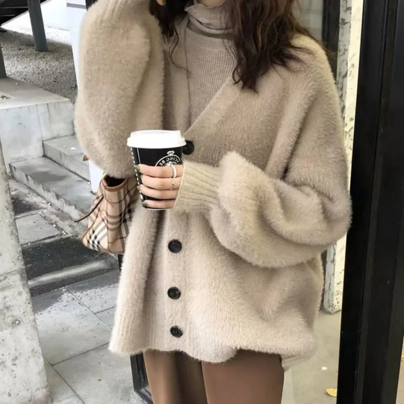 Imitation Mink Fleece Sweater Top New Autumn Winter Lazy Wind Loose Casual Knitted Cardigan Jacket Women's Thick Warm Coat