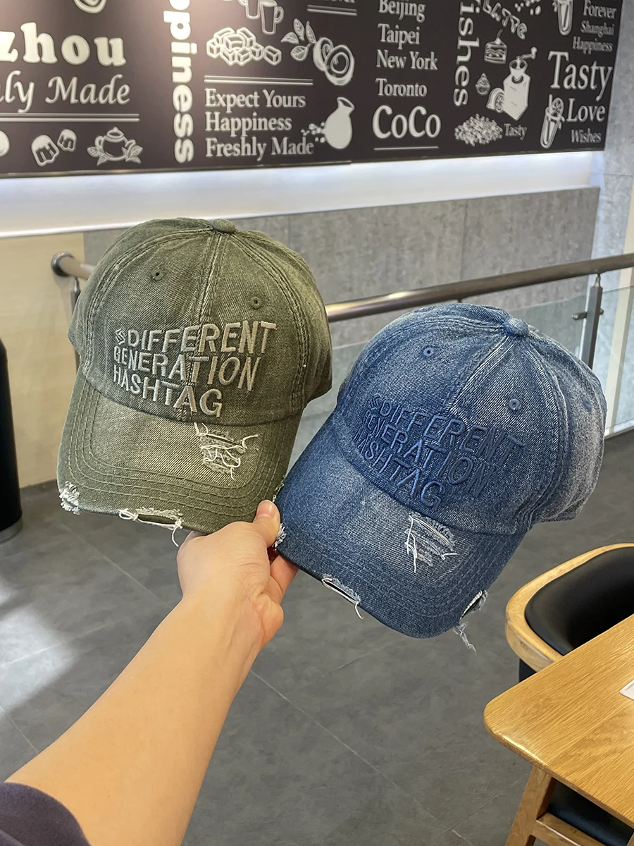 Embroidered Denim Ripped Baseball Cap Men's and Women's Same Street Washed Peaked Cap