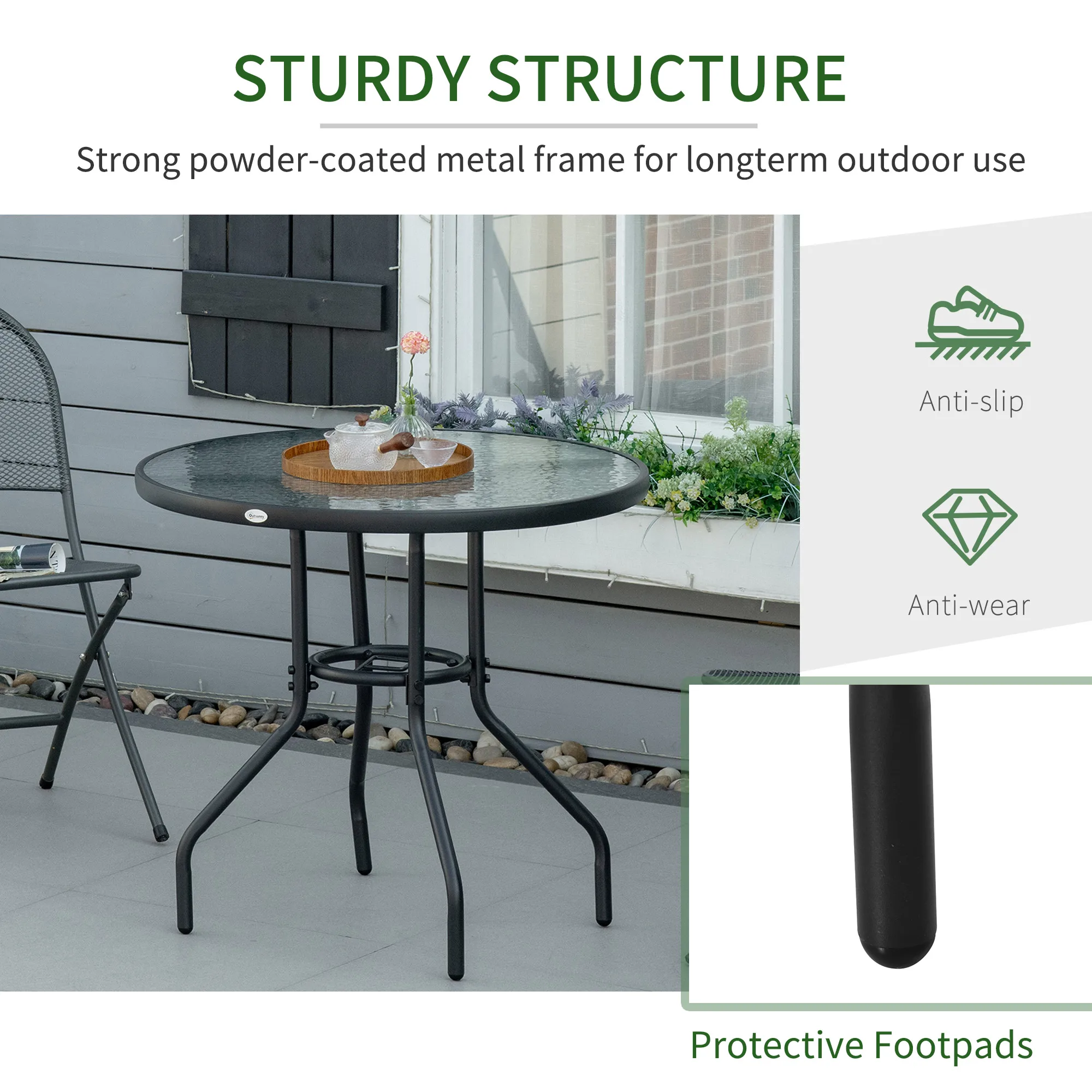 Outsunny Outdoor Round Dining Table Tempered Glass Top w/ Parasol Hole 80cm