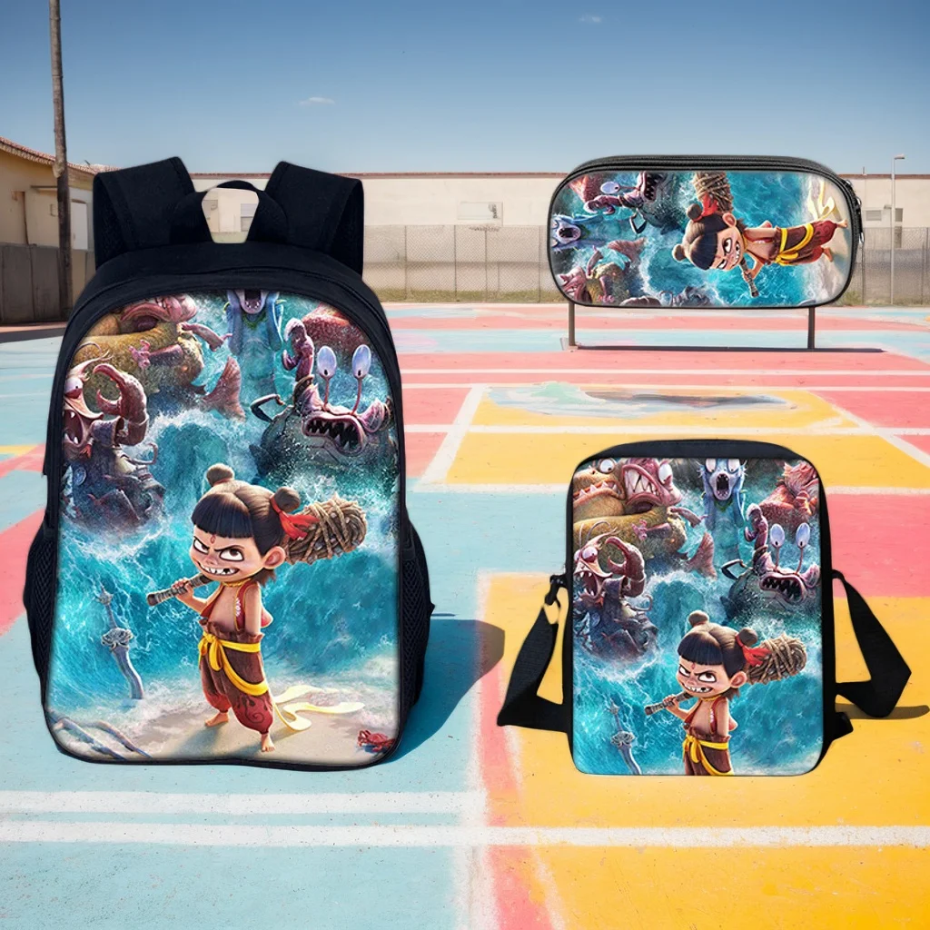 Kids Ne Zha 3 in 1 School Backpack Set-Boys Girls Casual Daypack Student Bookbag+Shoulder Bag+Pencil Case