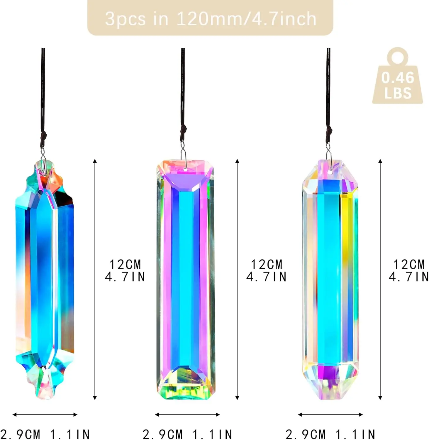 3pcs Crystal Window Hanging Prisms, 5-Inch Rectangular AB Color Crystal Stick, Rainbow-Making Prism, Garden Hanging Sun Catcher