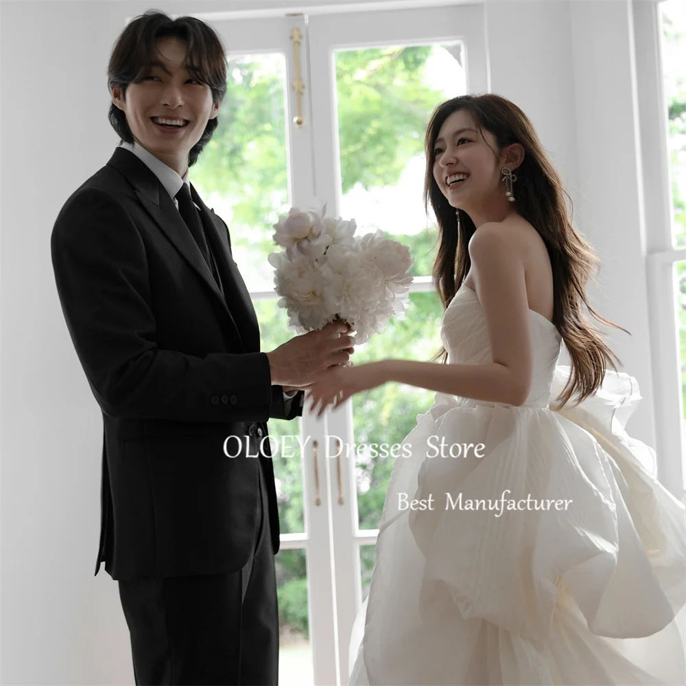 OLOEY Elegant Strapless Wedding Dress With Sleeves Korea Photoshoot Pure Ivory Bridal Gown Floor Length Tiered Pleat Party Dress