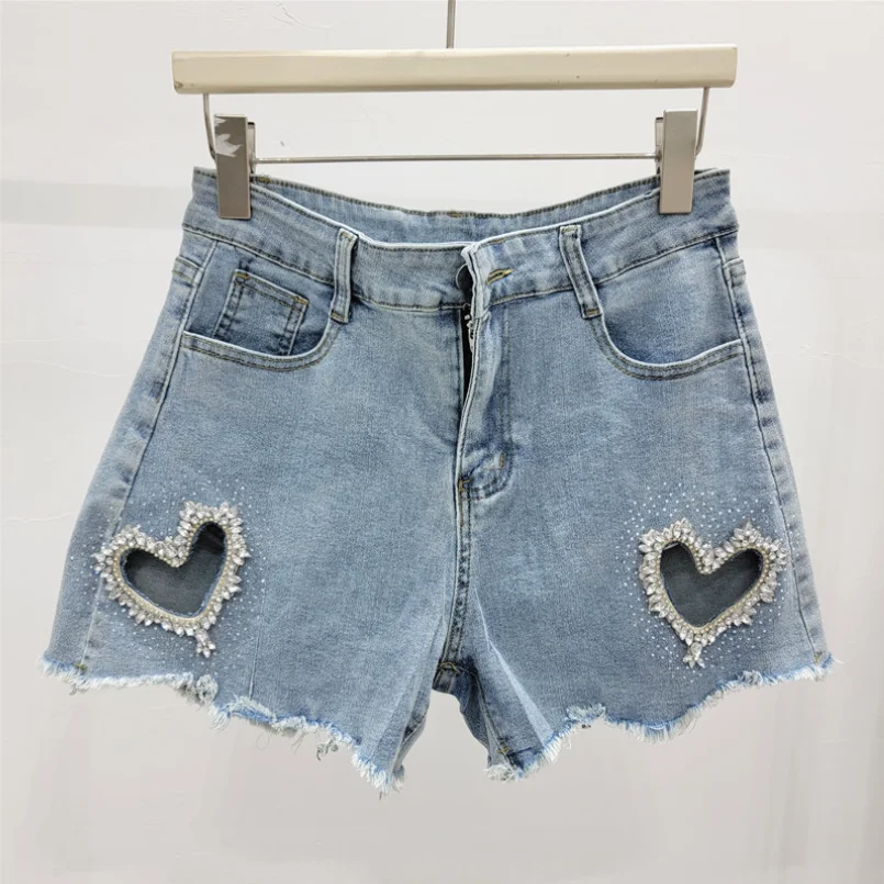 

Women's Denim Shorts High Waist Solid Color Heart Shape Hollow Out Crystal Short Pants 2025 Spring New Fashion w870