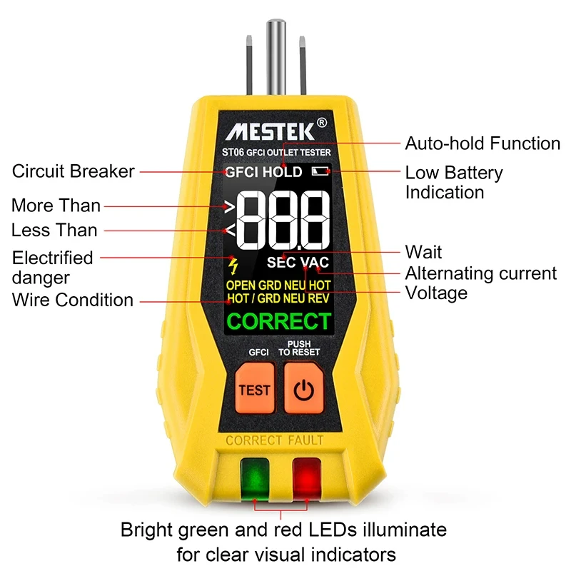 ST06 GFCI Tester gniazdka kolorowy ekran cyfrowy miernik do gniazdka nam podłączyć wyłącznik czujnik napięcia polaryzacji obwodu elektrycznego