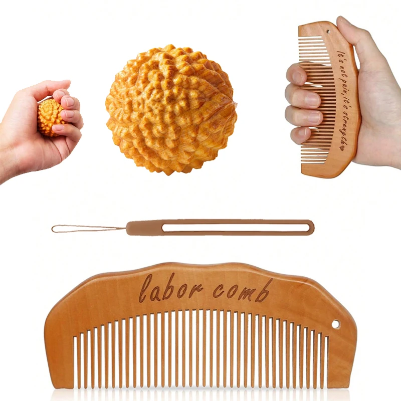 3-teiliges Geburtskamm- und Akupressur-Massageball-Set – Holzkamm für natürliche Entbindung und Geburt, Geschenk für werdende Mütter, Neu