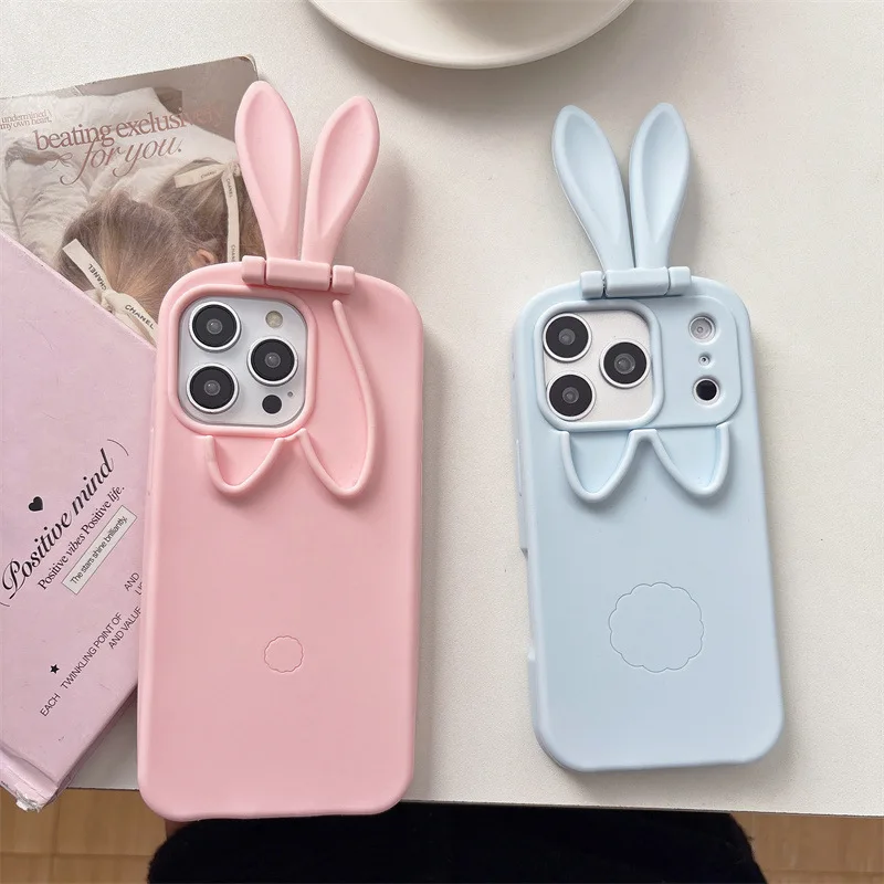 Kawaii 3D-Cartoon-Hasenohren, faltbar, Ständerhalter, weiche Silikon-Handyhülle für iPhone 17, 16, 15, 14, 13 Pro Max, stoßfeste Abdeckung