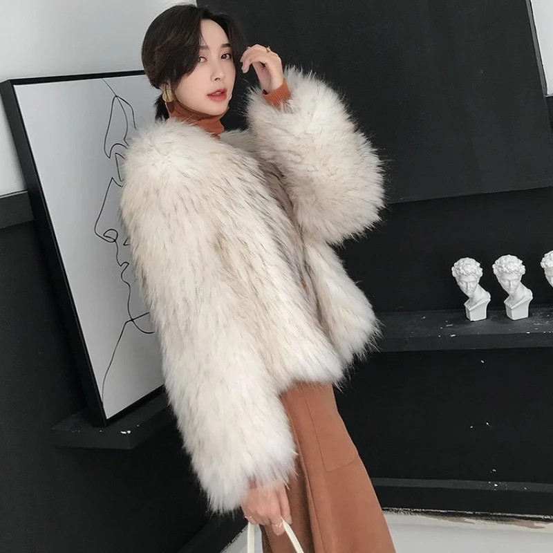 Women's fur coat female imitation raccoon hair fox hair short round neck thin fall and winter fashion young fur coat comfortable
