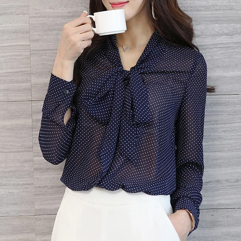 Fashion Polka Dot Printed Chiffon Women Shirt 2023 Spring Office Ladies Elegant Bow Pullovers Commuter V-Neck Loose Blouse Woman