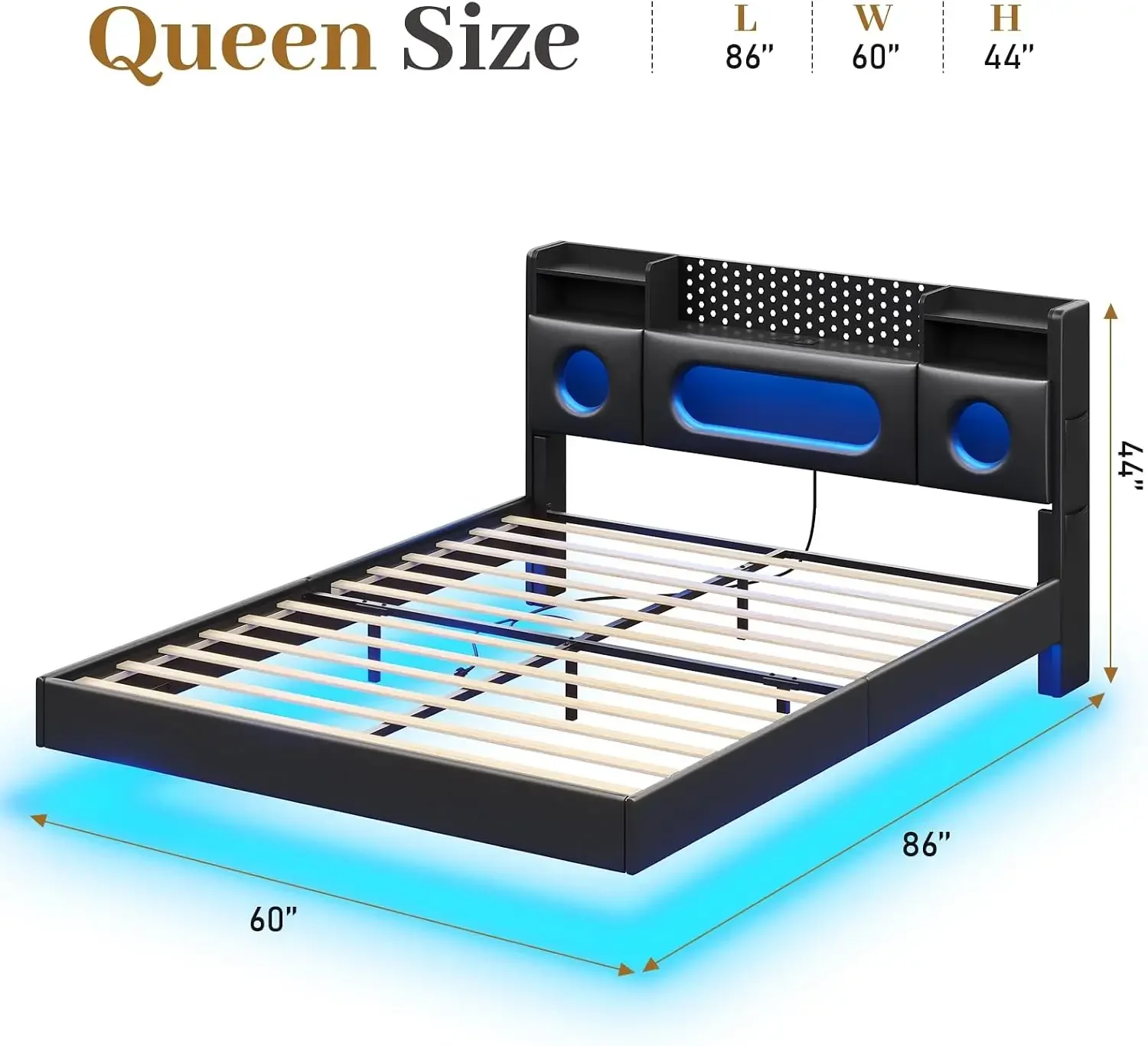 Floating Bed Frame Queen,Queen Bed Frame with Headboard & LED Lights | Bed Frame Queen with Charging Station,Leather Metal Platf