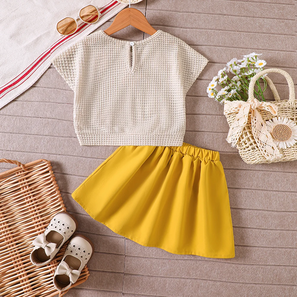 Girls' summer two-piece casual set: multi-colored three-dimensional floral checkered short-sleeved top + solid-colored skirt