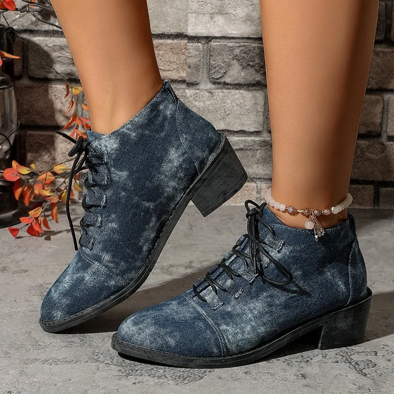 

Retro Women's Boots Classic Breathable Denim Canvas Boots Fashion Pointed Toe Lace Up Ankle Boot Fashion Women Short Boots Botas