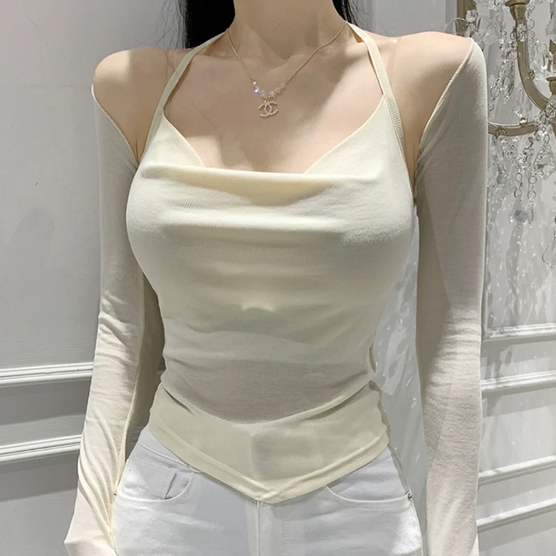 Faionable ort Sexy Crop Top And Vest Set for Women Ne Hanging Design Elastic Long Sve Sweater Korean Sle Winter Wear