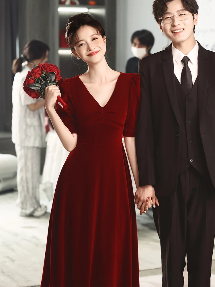 

Wine Red Velvet Wedding Dr V-Ne ort Sve A-Line Skirt Suitable for Engagement Par Bridal ower Daily Wear