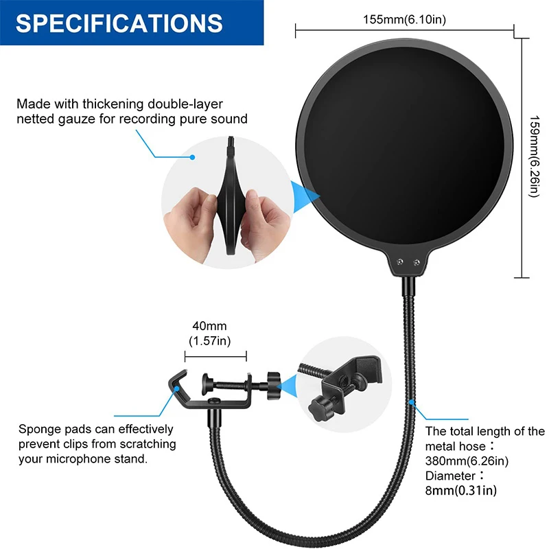 Double Layer Studio Microphone Pop Filter Flexible Wind Screen Sound Filter Mask Mic Shield for Speaking Recording Accessories