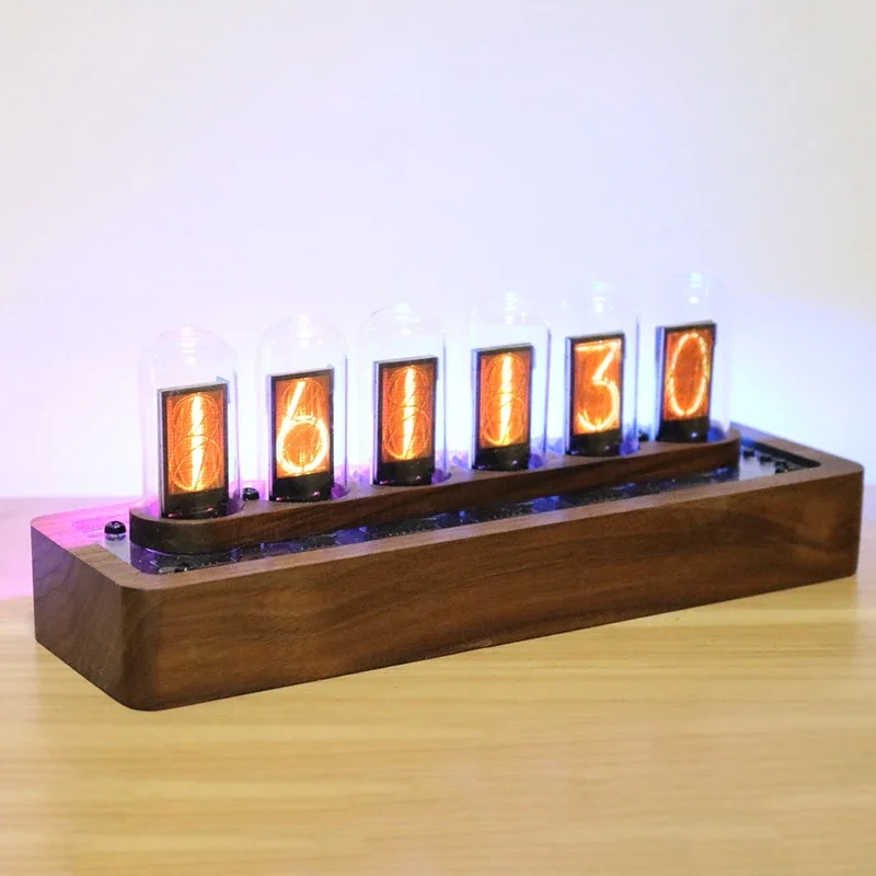 IPS Nixie Tube RGB Digital Led Glow Tube Clock Wood Luxury Creative Electronic Desktop Clocks Vacuum-tube Watches Ornaments Gift