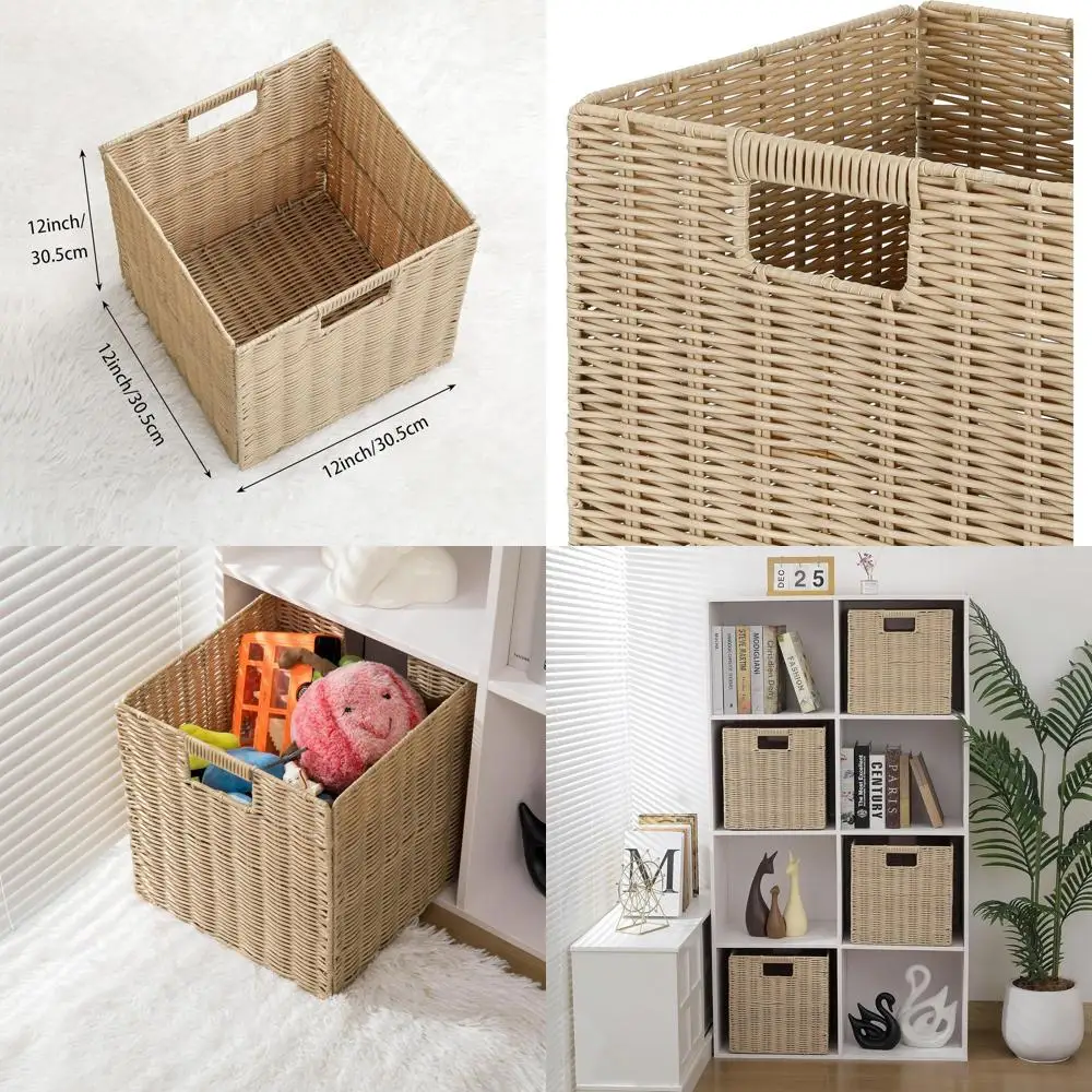 

Set of 4 Large Foldable Plastic Wicker Cube Baskets, 12x12x12 Inches, Beige Laundry Organizer