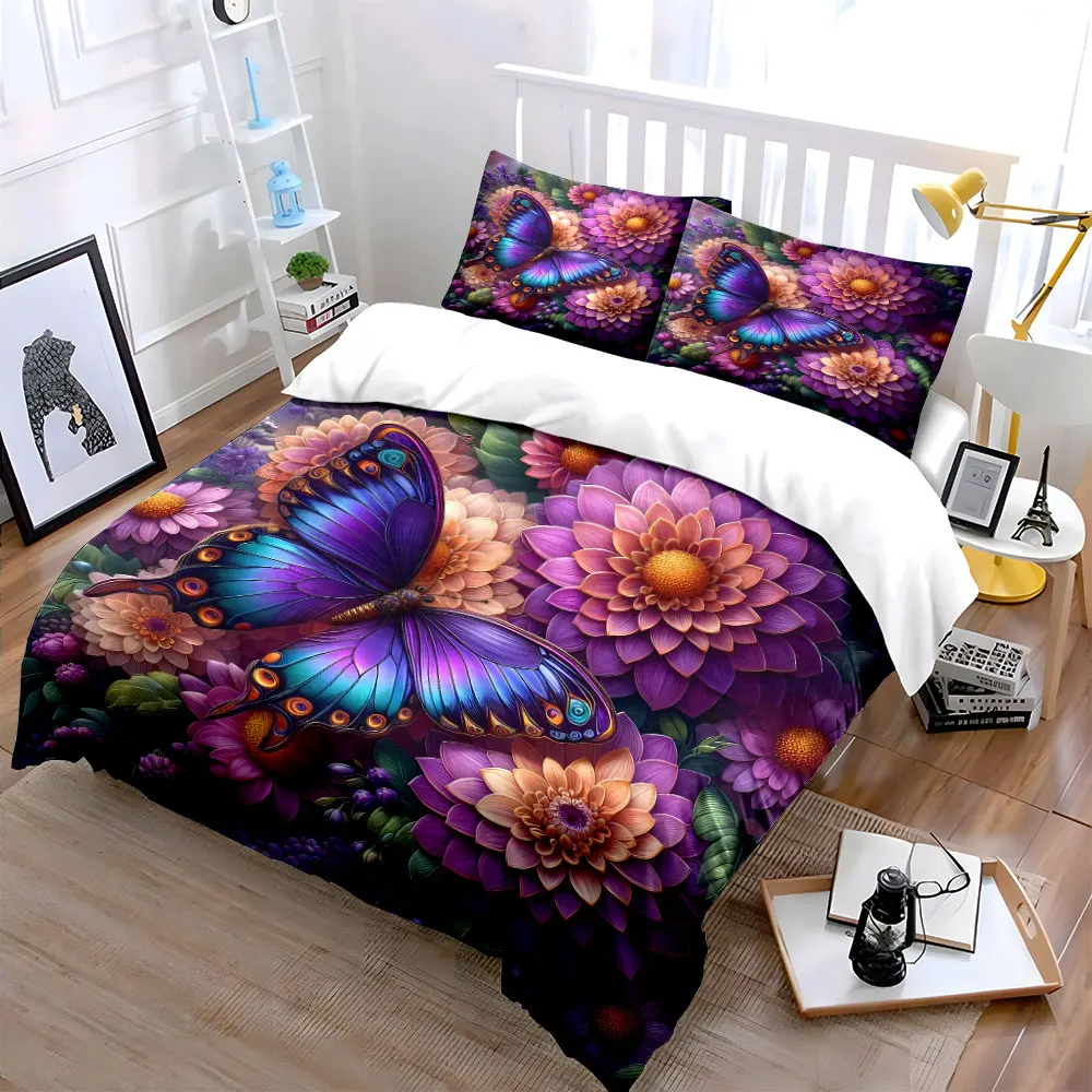 Vibrant butterfly rests on lush flowers Bedding Set for Kids Luxury Gift 3pcs Digital Print Comforter Set Soft Comfortable