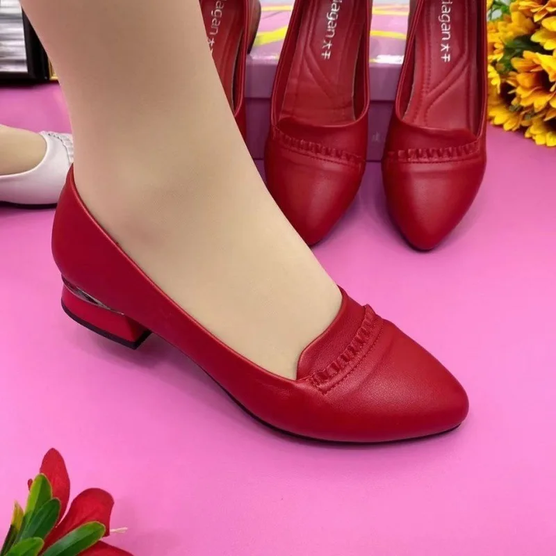 

Women Pumps Single Shoes Thick Heel Genuine Soft Leather Women's Spring Autumn Non-slip Soft Bottom Leather Fashion Pointed Shoe