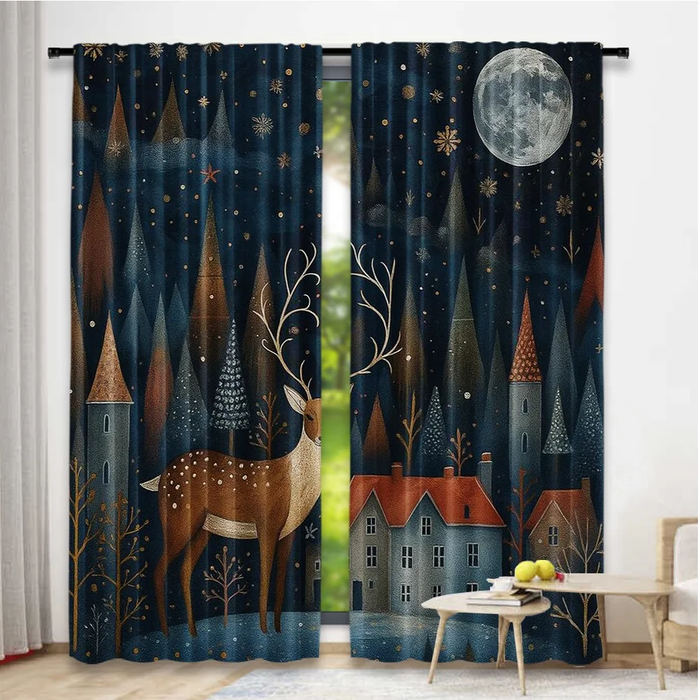 2D الطباعة المسطحة 2PCS عيد ميلاد سعيد الستائر العصرية عشية عيد الميلاد في مدينة الثلج والنجوم والقمر والرنة الرقمية المطبوعة