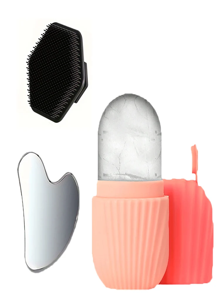 Ensemble d'outils de nettoyage du visage 3 pièces, outil de grattage en forme de cœur en acier inoxydable, rouleau à glace, brosse faciale en silicone