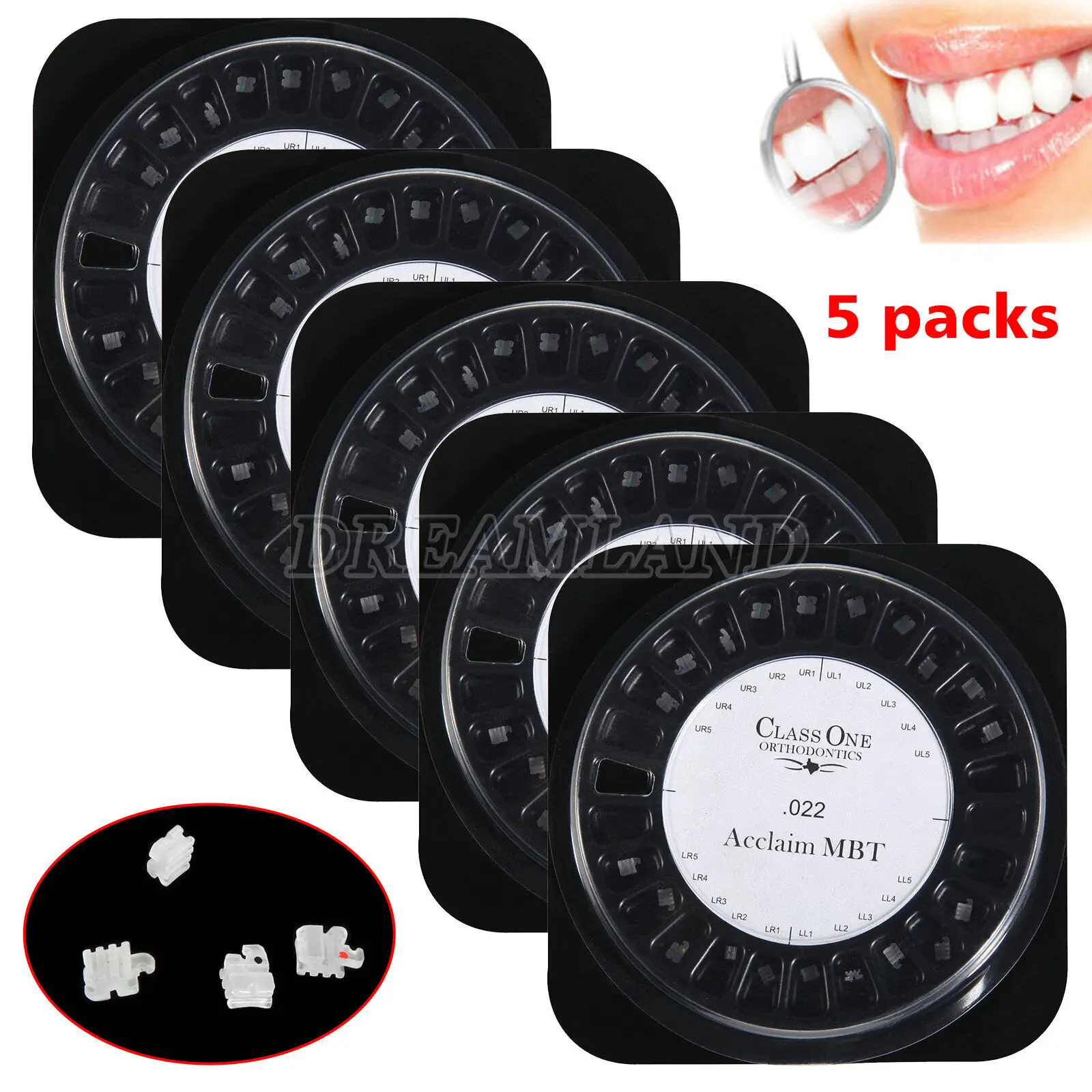 

5Packs/100Pcs Dental Orthodontic Ceramic Bracket MBT 022 3 4 5 Hooks CLASS ONE NEW