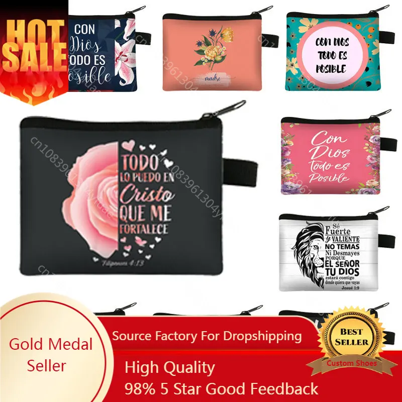 

Bible Verse in Spanish Wallet Women Coin Purse Christian Gift Con Dios Todo Es Posible Money Bag Dios Es Amor Small Purses