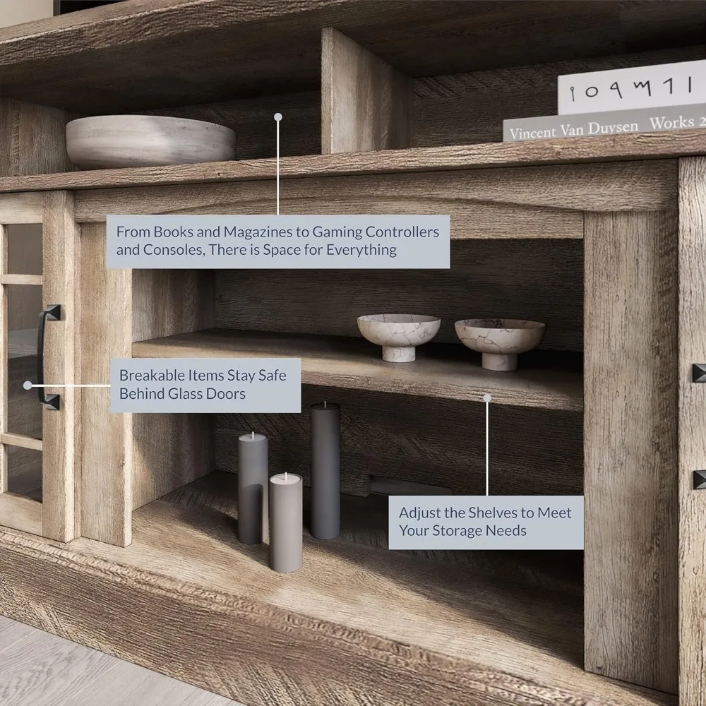 Stolik RTV Belleze w stylu rustykalnym z drewna, tradycyjny, 58 cali, konsola na telewizor i sprzęt multimedialny do telewizorów do 65 cali z otwartymi przegródkami.