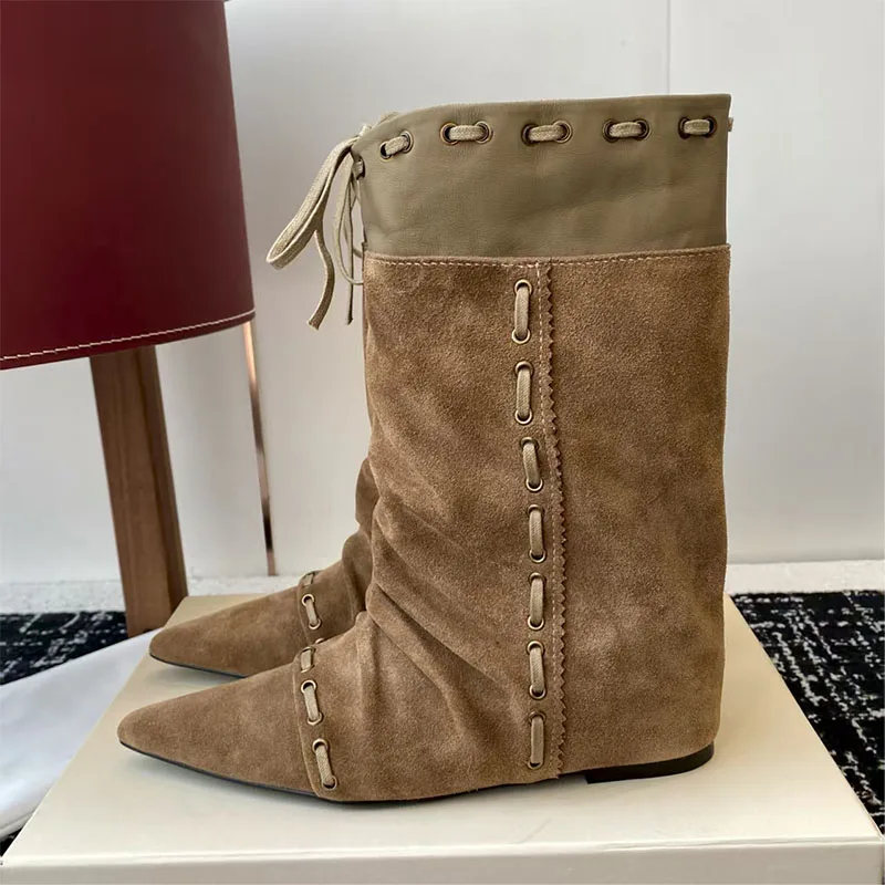 

Замшевые кожаные сапоги в стиле вестерн, женские сапоги до середины икры со шнуровкой и острым носком, увеличивающие рост, женские короткие сапоги в стиле ретро, женские