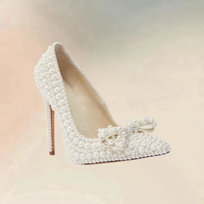 

White Pearl Bow Knot Shallow Pointed Toe Pumps Slip On Women Shoes Thin High Heels Party Banquet Dating 2025 Zapatos Para Mujere