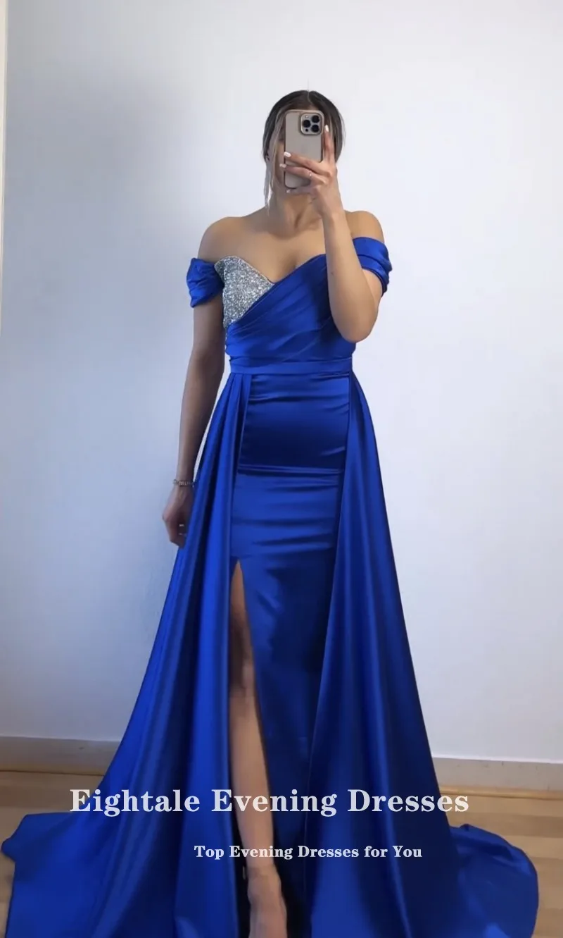 Eightale Arabic Evening Dresses for Wedding Party Off the Shoulder Royal Blue Beaded Cap Sleeves Satin Customized Prom Gown