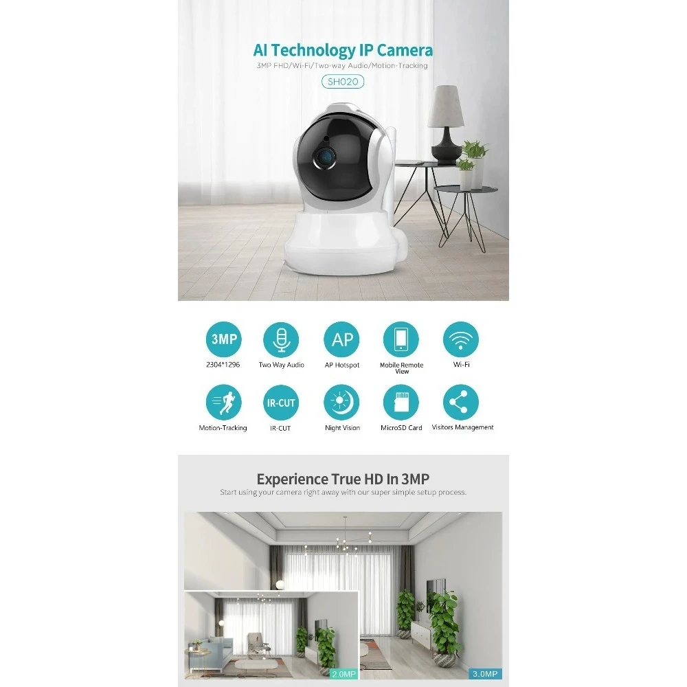 Sh020 Wifi Ptz Ip Camera, 3Mp 1296P 3.6Mm Lens, Ai Human Tracking Night Vision Surveillance Cam