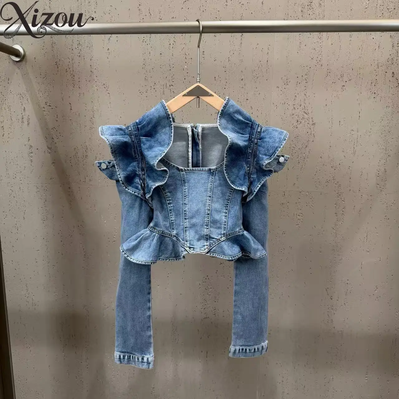 

2026 Spring Summer Trim Split Long Sleeve Denim Top Slim Fit Stretch Cropped Corset Y2K High Street Streetwear Women Blouse