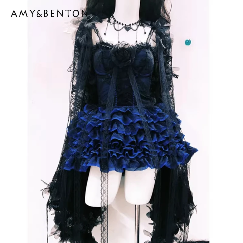 

2026 New Gothic Women's Sling Dress Original Design 3D Floral Sexy Lace Vest Blue-Black Pumpkin Pants Three-Piece Sets Ladies