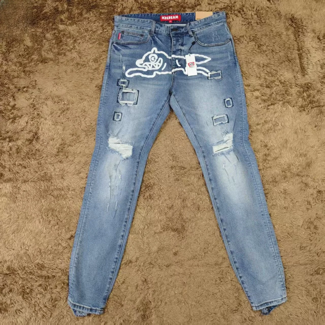 

Slim Fit Skinny Jeans Thin Fly Dog Hole Patch Waed Vintage Elastic Ankle Length Cotton Stretch Denim Casual Youth Jeans