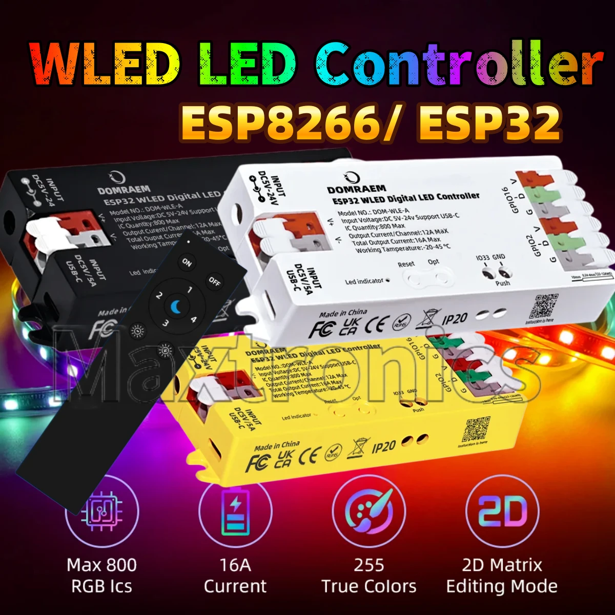 DIY WLED Addressable LED Controller ESP32/ESP8266 DOMRAEM with Mic/UART/MQTT/HA/Alexa 16Afuse WS2814/WS2812B/SK6812/APA102 Strip
