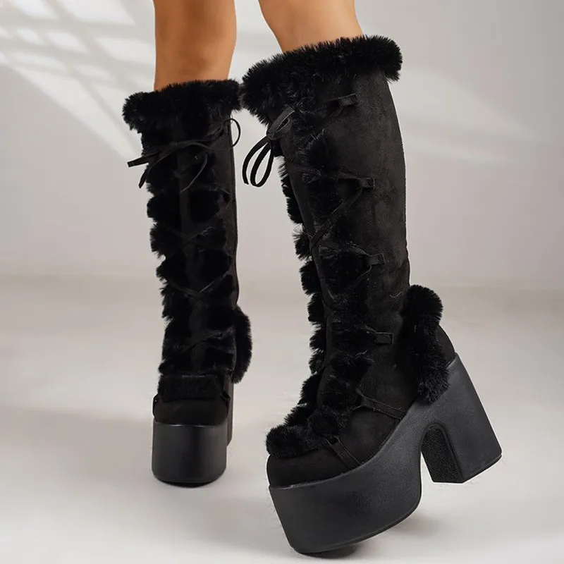 

2026 Winter Women's Snow Boots Platform Wedge High Heel Faux Fur Women Boots Plush Warm Non-slip Platform Boots Botas Para Mujer