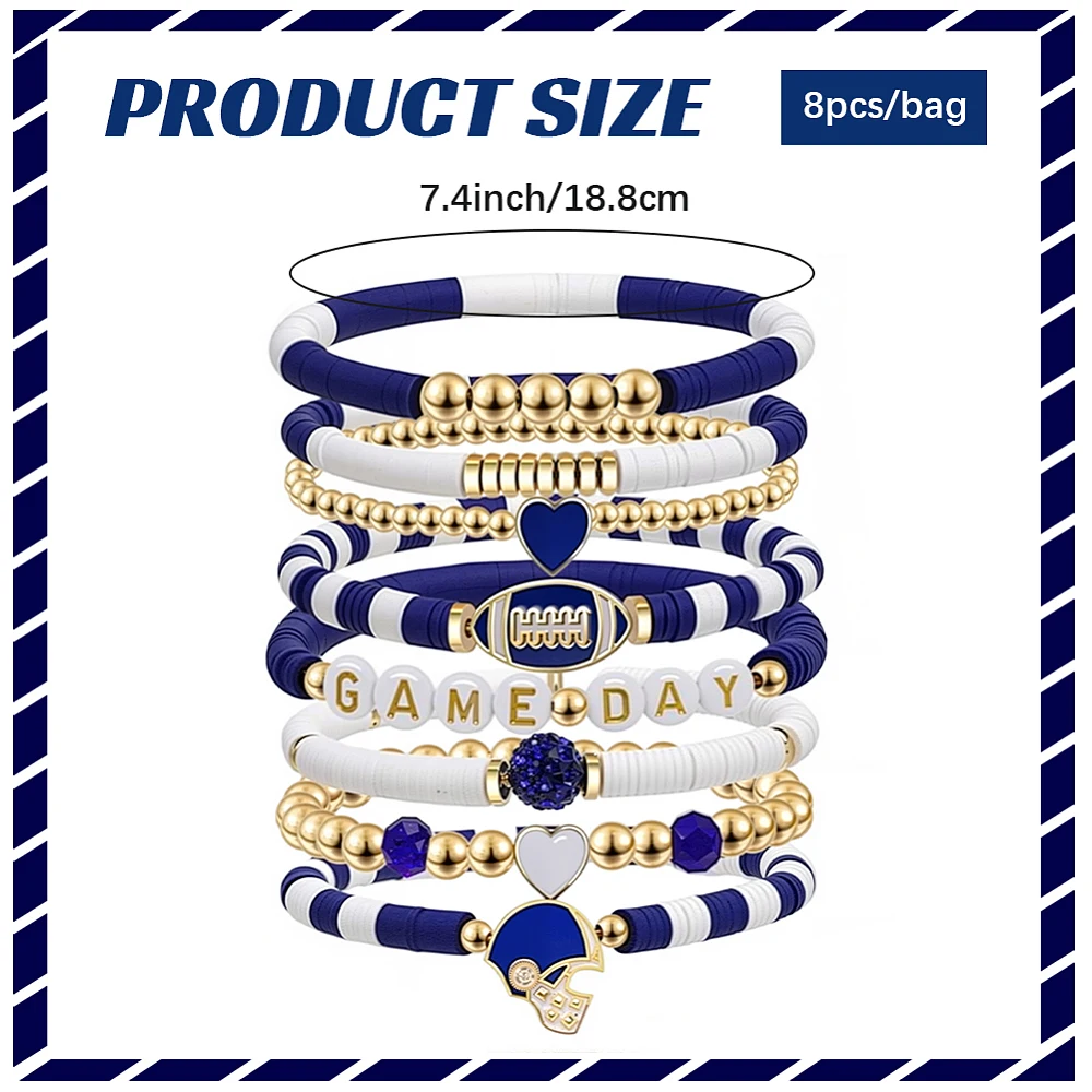 8 Pack Game Day Football Stackable Stretch Bracelet Dark Blue White Rubgy Sport Gold Spacer Heishi Beaded Stylish Sports