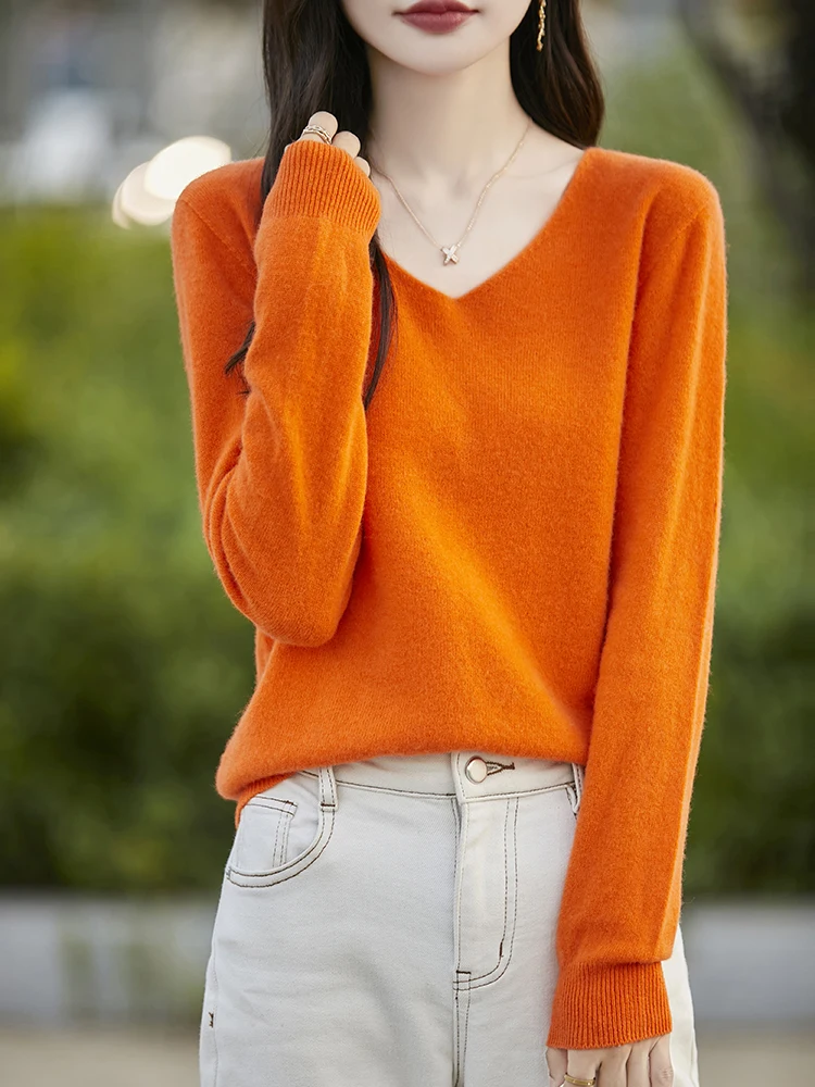 Fashion Basic  Women Merino Wool Sweater  Cashmere Pullover V-Neck Knitwear Slim Solid Collar