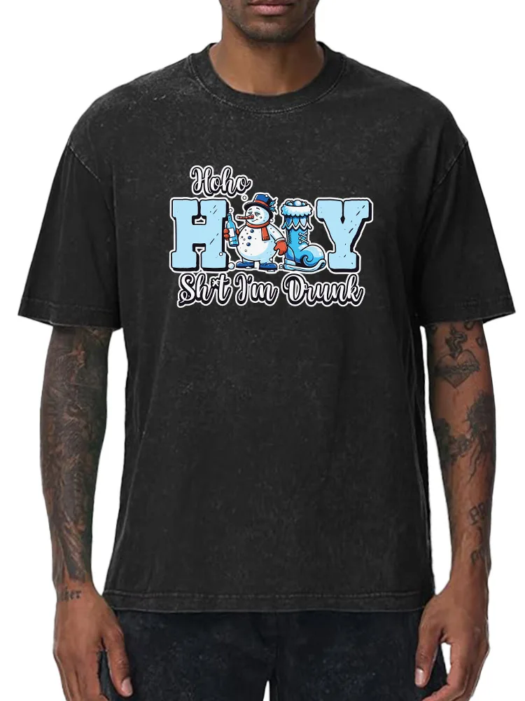 

Snowman and Boots 230g Heavy Cotton Washed Oversized T-Shirt for Men Christmas Graphic Tee Retro Casual Top