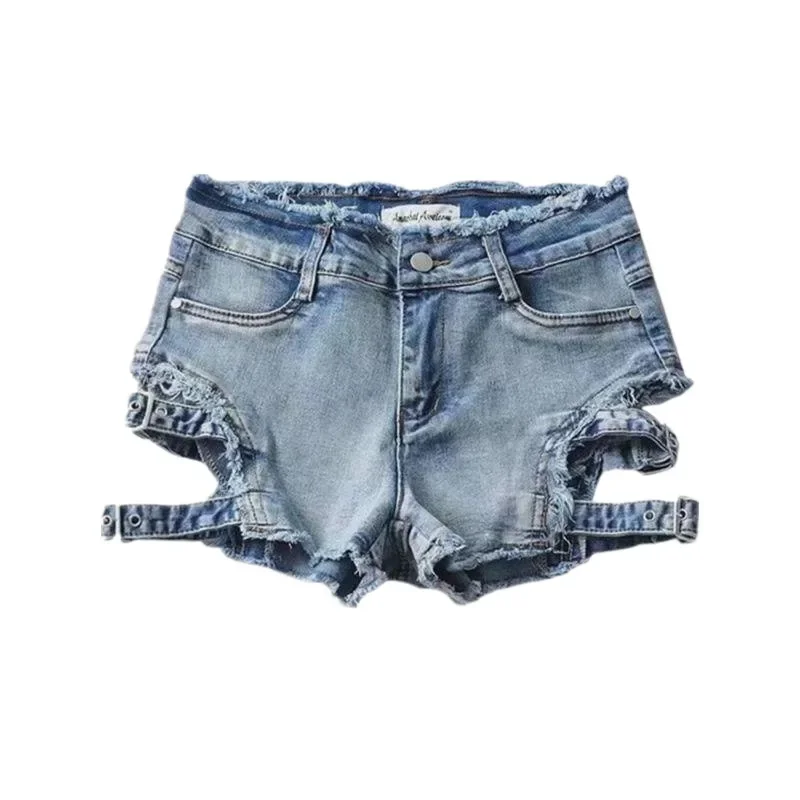 American style pure desire style spicy girl denim shorts for women Y2K summer new elastic tight hollow design casual pants