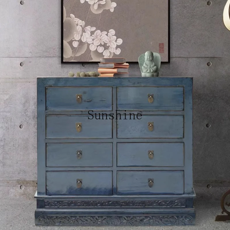 

Storage bedroom living room dining room solid wood new Chinese retro blue chest