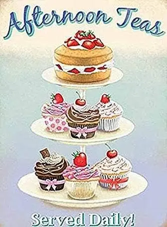 Afternoon Teas. Cake Stand. Food, Sponge Cake, Cupcakes, Retro Retro Vintage 8X12 Tin Metal Sign Wall Decor Home Decor sign