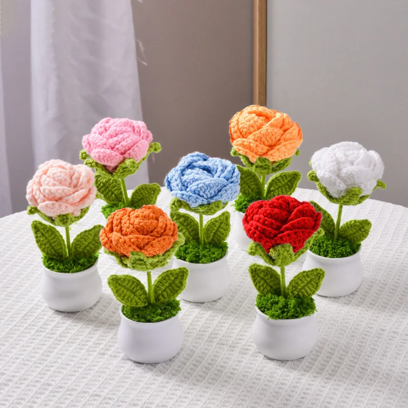 DIY Handwoven Mini Potted Flower Finished Small Potted Plant Rose Bouquet Ornaments Office Desktop Potted Plants Home Decoration