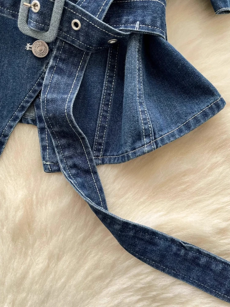 High Street Vintage Denimเสื้อเข็มขัดSlim Top 2025 ฤดูร้อนเสื้อโปโลแขนสั้นElegant OLคาวบอยสั้นเสื้อผู้หญิง