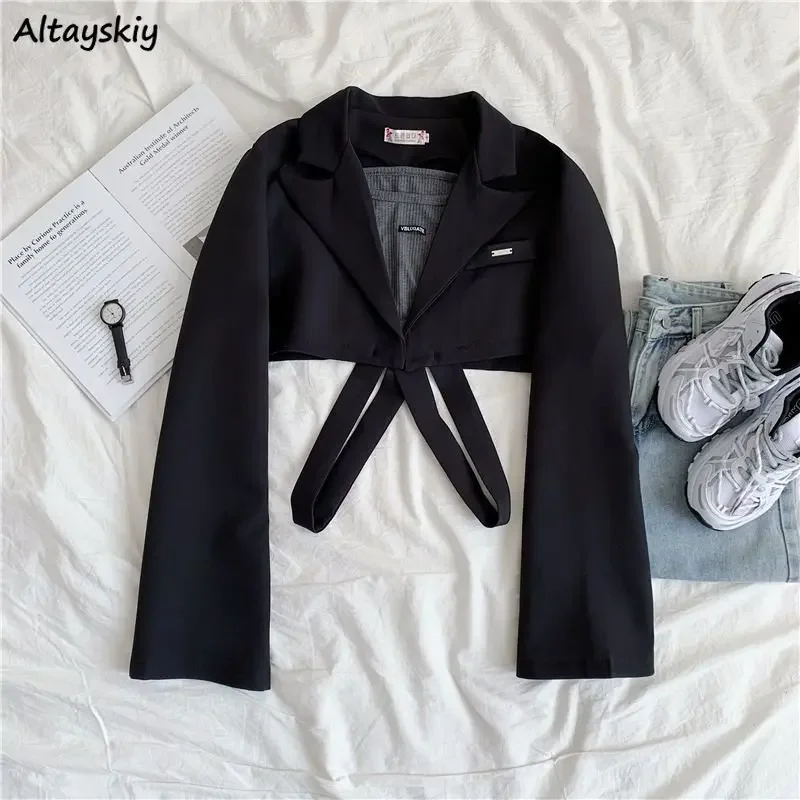 Blazer Crop Balutan Wanita Kasual Hitam Kepribadian Cocok untuk Musim Semi Chic Longgar Gaya Korea Fashion Lengan Panjang Ulzzang Ins