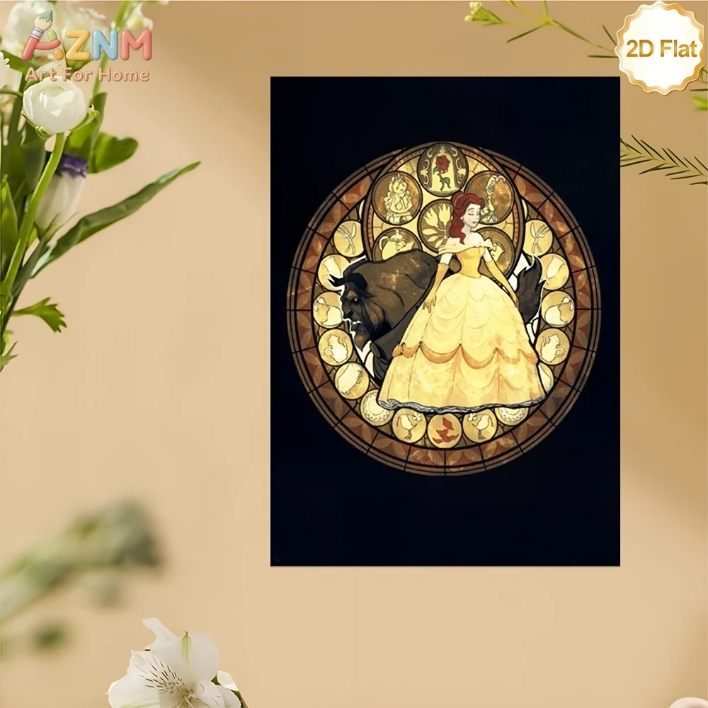AZNM La Bella y la Bestia, arte de pared en lienzo sin marco con vidrieras, impresión temática de princesas de Disney, decoración del hogar para habitación infantil