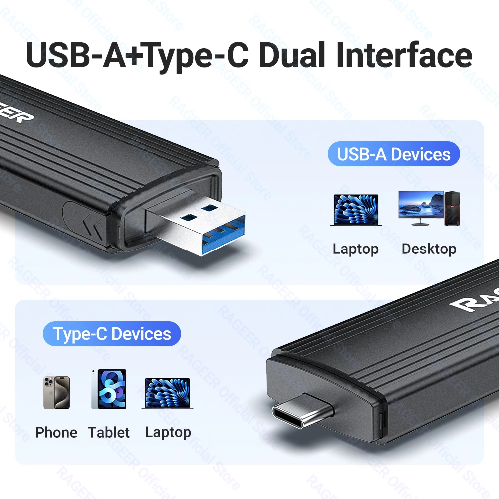 RAGEER 10Gbps M.2 SSD Enclosure - Mendukung NVMe/SATA 2230-2280 Chip RTL9210B Mendukung SSD 2TB Maks Mendukung USB-A+USB-C